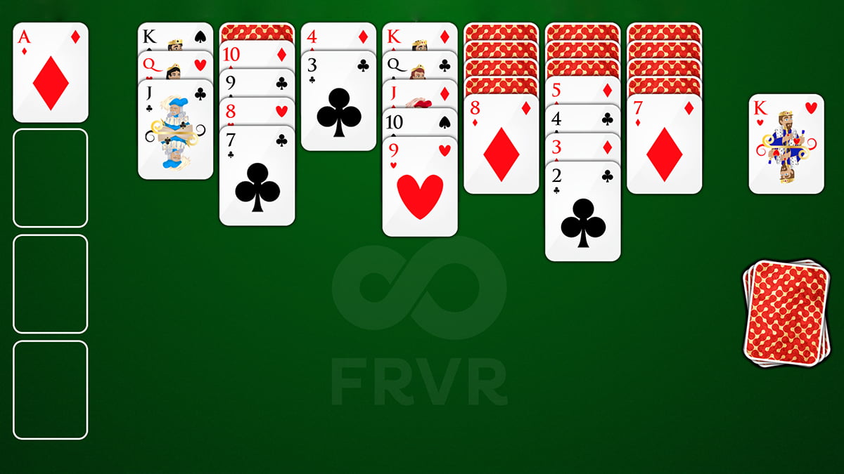 Image showing an in-progress game of FRVR Klondike Solitaire and showing how to set up and recognize the different elements.