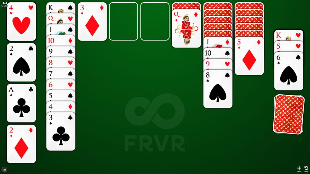 Image showing an in-progress game of FRVR Klondike Solitaire and showing how to utilize empty columns.
