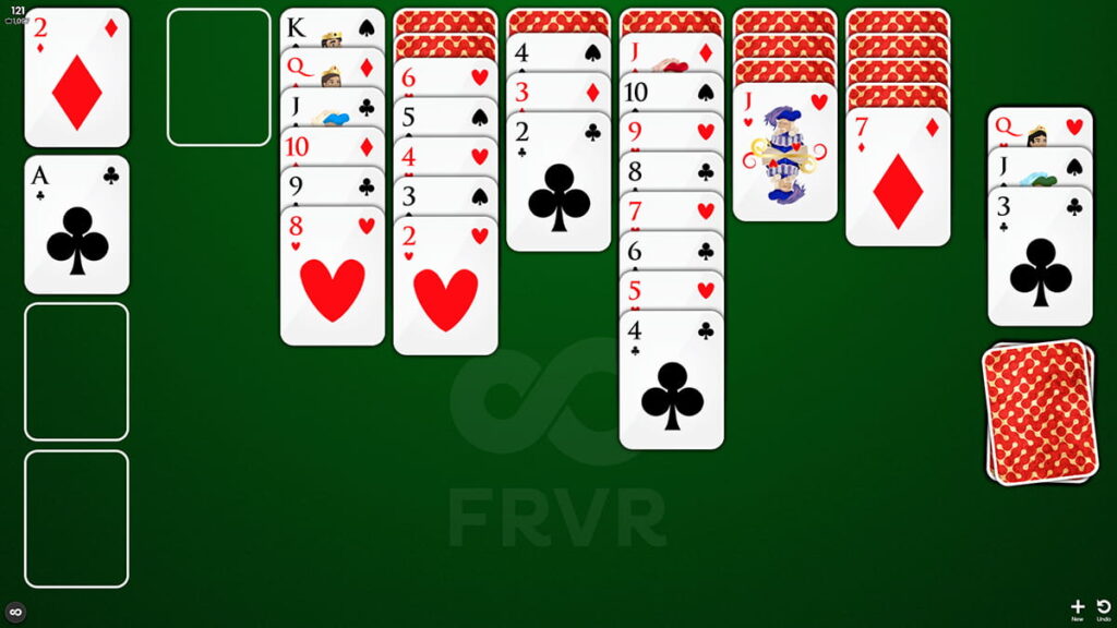 Image showing an in-progress game of FRVR Klondike Solitaire and showing a winnable situation that doesn't require a restart.