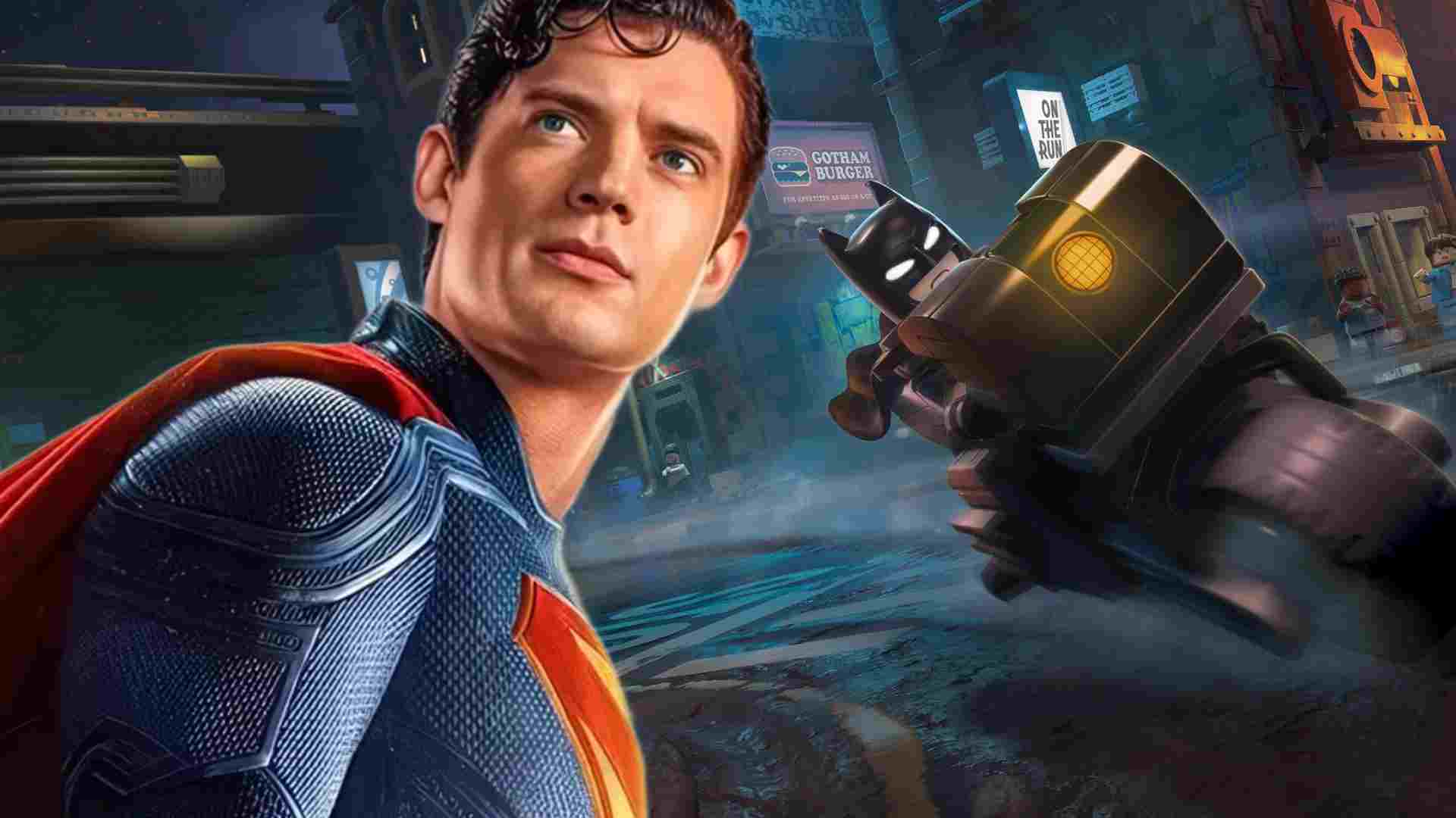 DCU Superman in front of LEGO Batman: Legacy of the Dark Knight