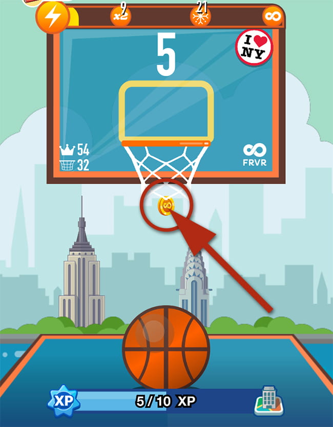 Image of the FRVR Basketball interface, with the Coin under the basketball net circled and an arrow pointing at it.