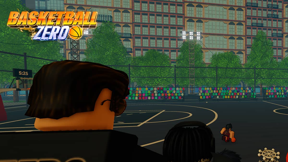 Image of the player watching a basketball game on an open court in Basketball Zero on Roblox.