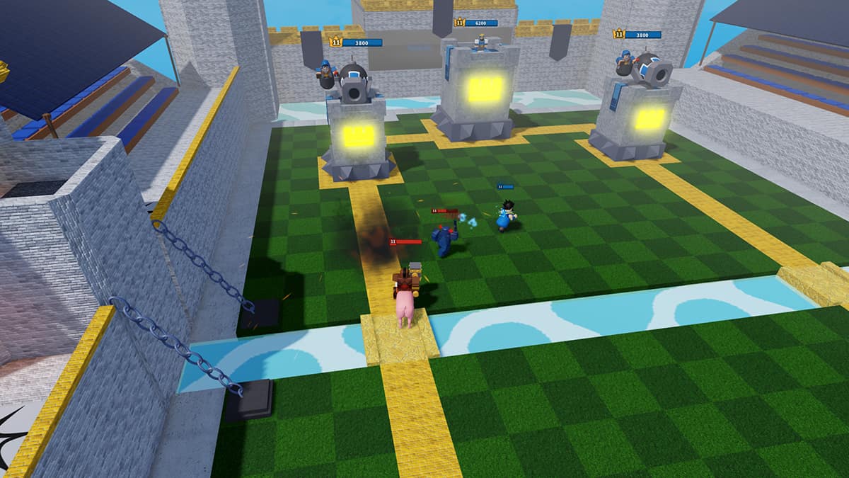 Image of the players attacking towers down the lanes in Clashers Royale on Roblox.