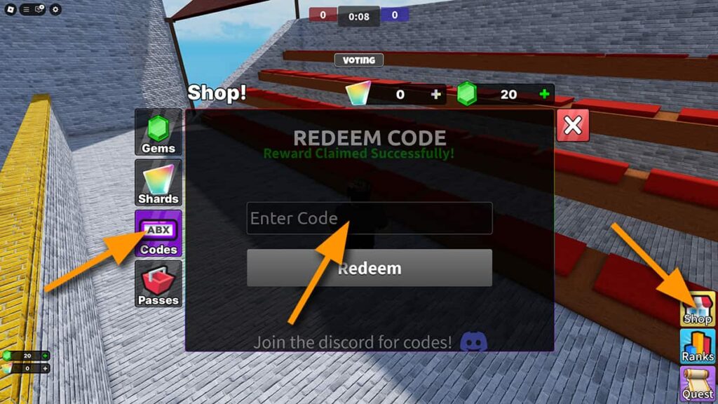 Image of the Codes tab in the Shop window in Clashers Royale on Roblox, with orange arrows pointing at the Shop button, the Codes tab, and the code input text box.