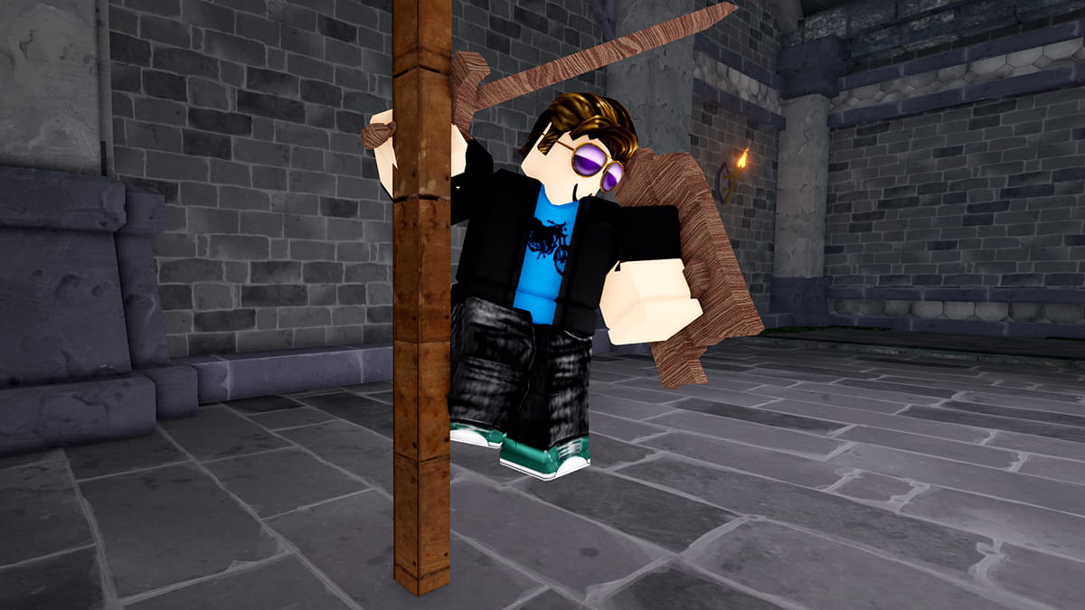 Image of the player sliding down a rope into a dungeon with sword and shield in hand in Dungeon Lootify on Roblox.