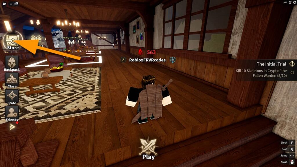 Image of the player standing in the tavern in Dungeon Lootify on Roblox, with an orange arrow pointing at the Store button.