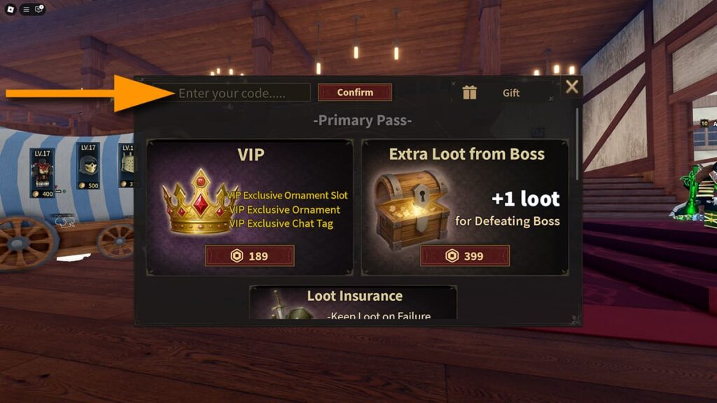 Image of the Store window in Dungeon Lootify on Roblox, with an orange arrow pointing to the code input text box.
