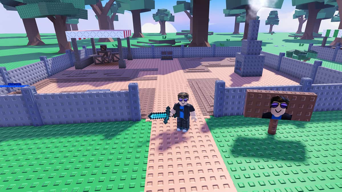 Image of the player holding a diamond sword obtained through the latest codes in front of their forge in Forge Master on Roblox.