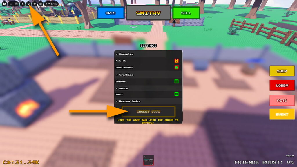 Image of the Settings window in Forge Master on Roblox, with orange arrows pointing at the Settings (cog) button and the code input text box.