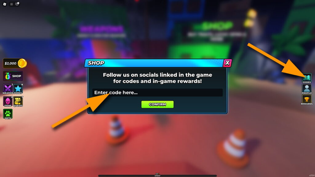 Image of the Codes window in Hunty Zombie on Roblox, with orange arrows pointing at the Codes button and the code input text box.