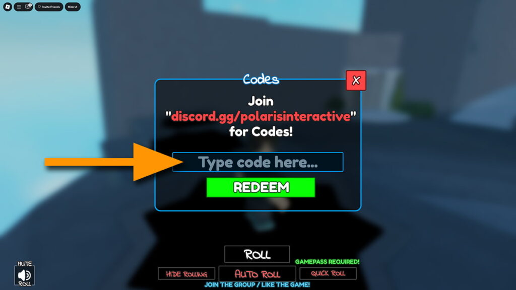 Image of the code redemption window in Phonk RNG on Roblox, with an orange arrow pointing at the code input text box.