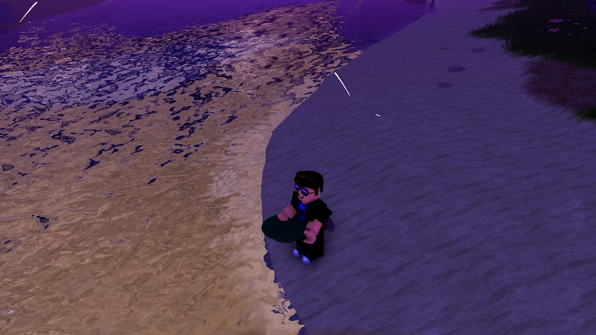 Image of the player sifting sand on the edge of river in Prospecting on Roblox.