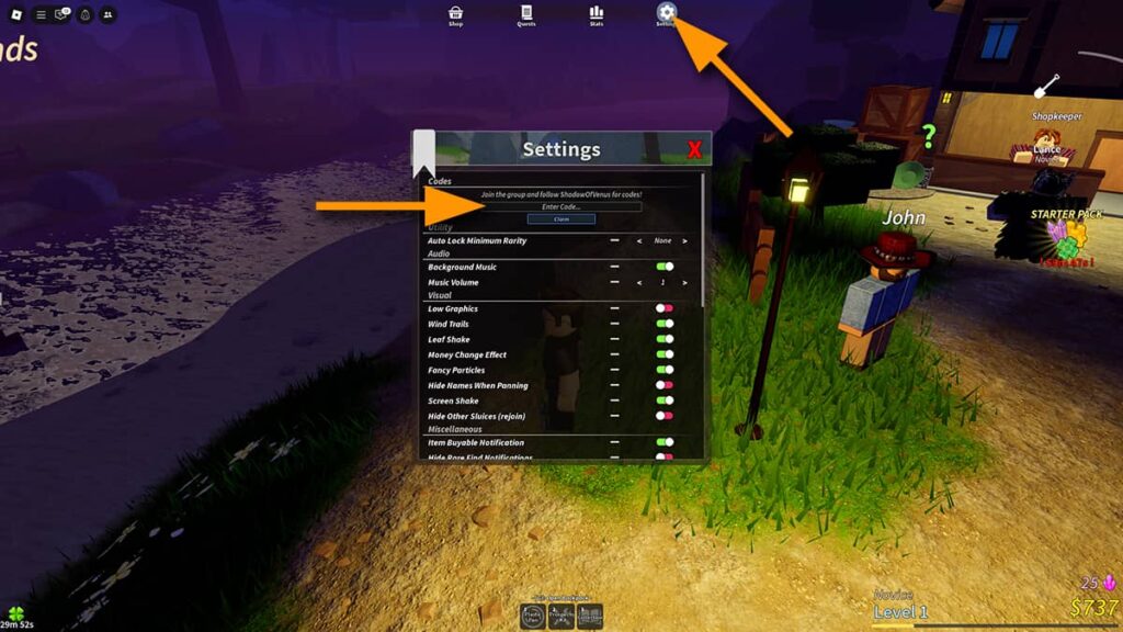 Image of the Settings window in Prospecting on Roblox, with orange arrows pointing at the Settings button and the code input text box.