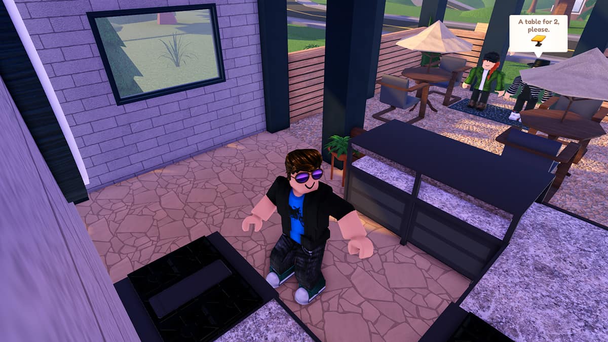 Image of the player at the kitchen portion with two customers waiting in Restaurant Tycoon 3 on Roblox.