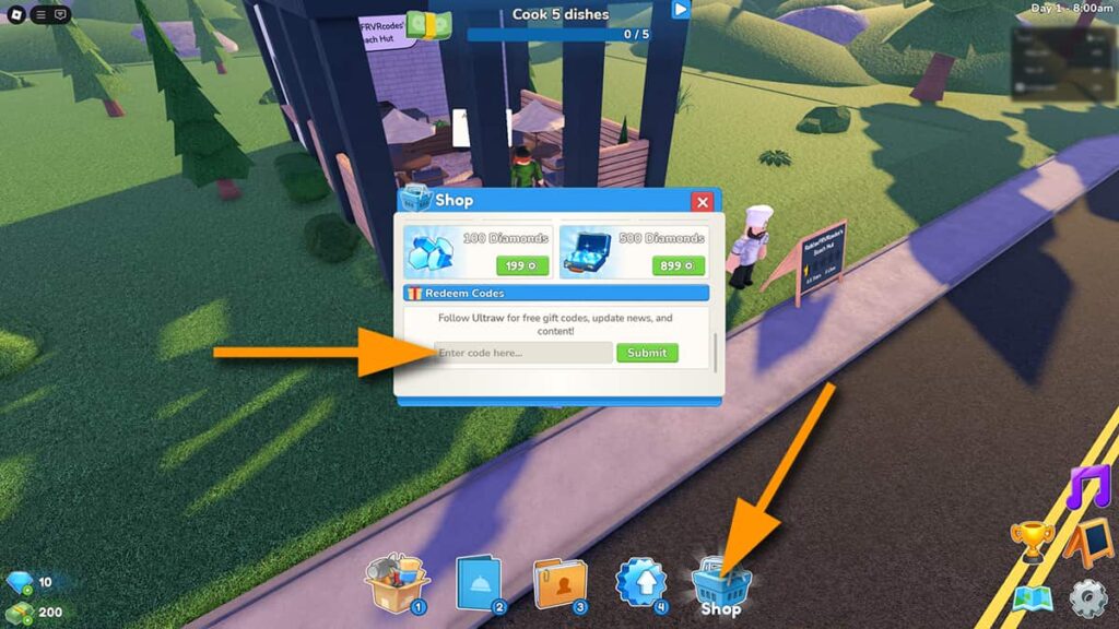 Image of the Shop window in Restaurant Tycoon 3 on Roblox, with orange arrows pointing at the Shop button and the code input text box.