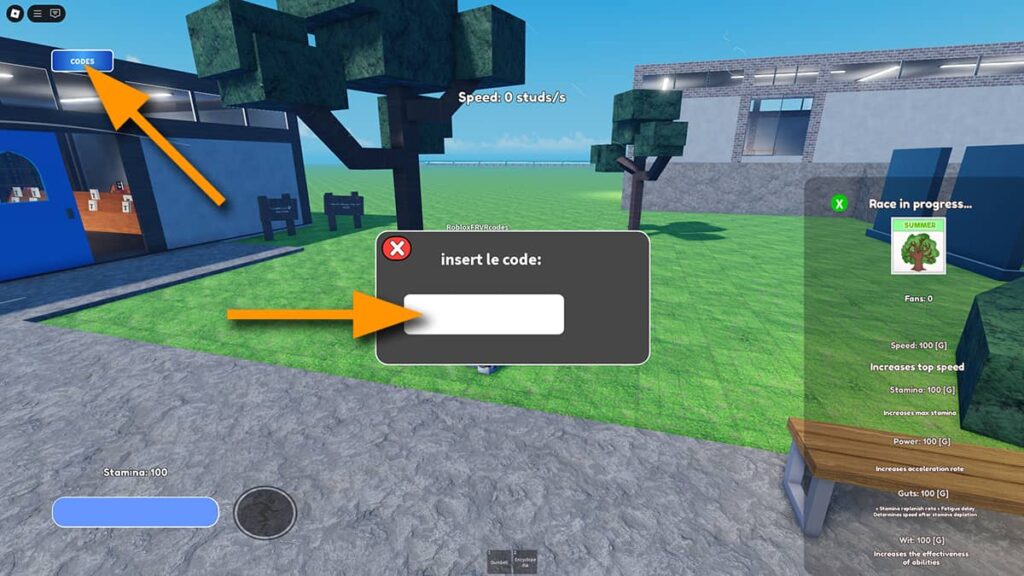 Image of the code redemption window in Umamusume Game on Roblox, with orange arrows pointing at the Codes button and the code input text box.