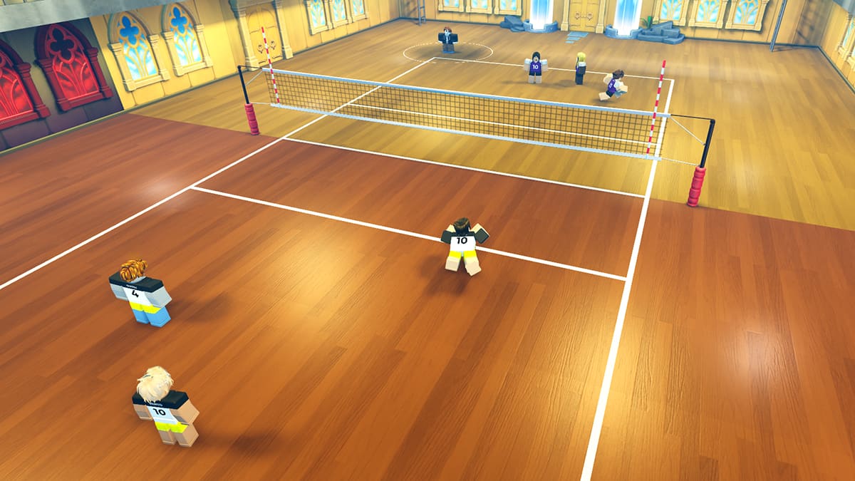Image of the players on a volleyball court during the match in Volleyball Legends on Roblox.
