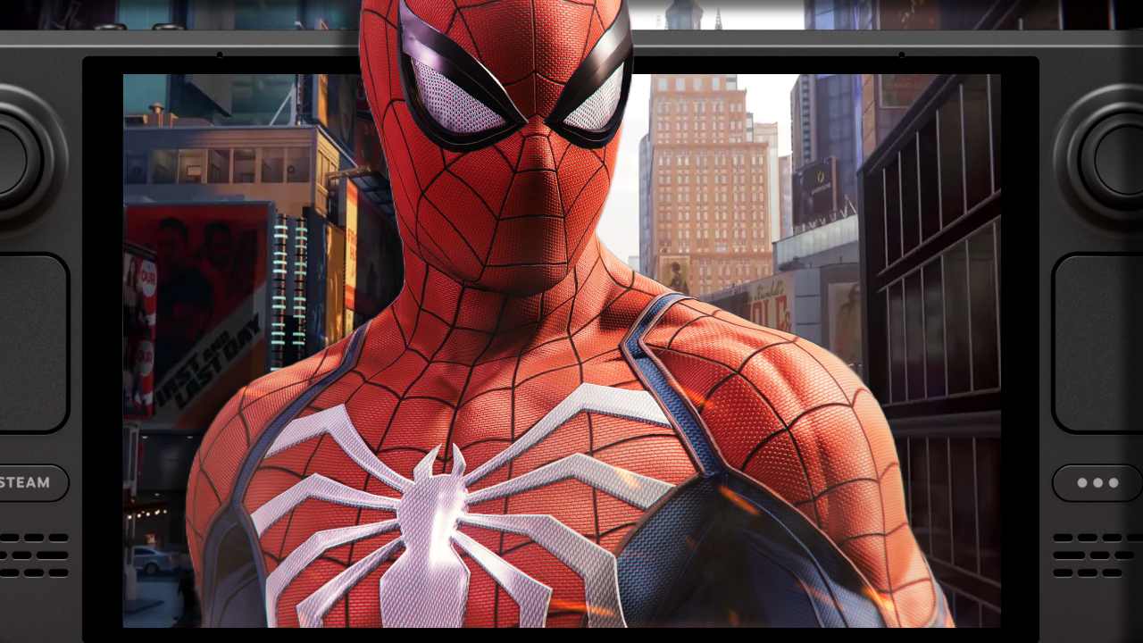 Steam Deck FSR 4 upgrade - Spider-Man standing in front of a Steam Deck