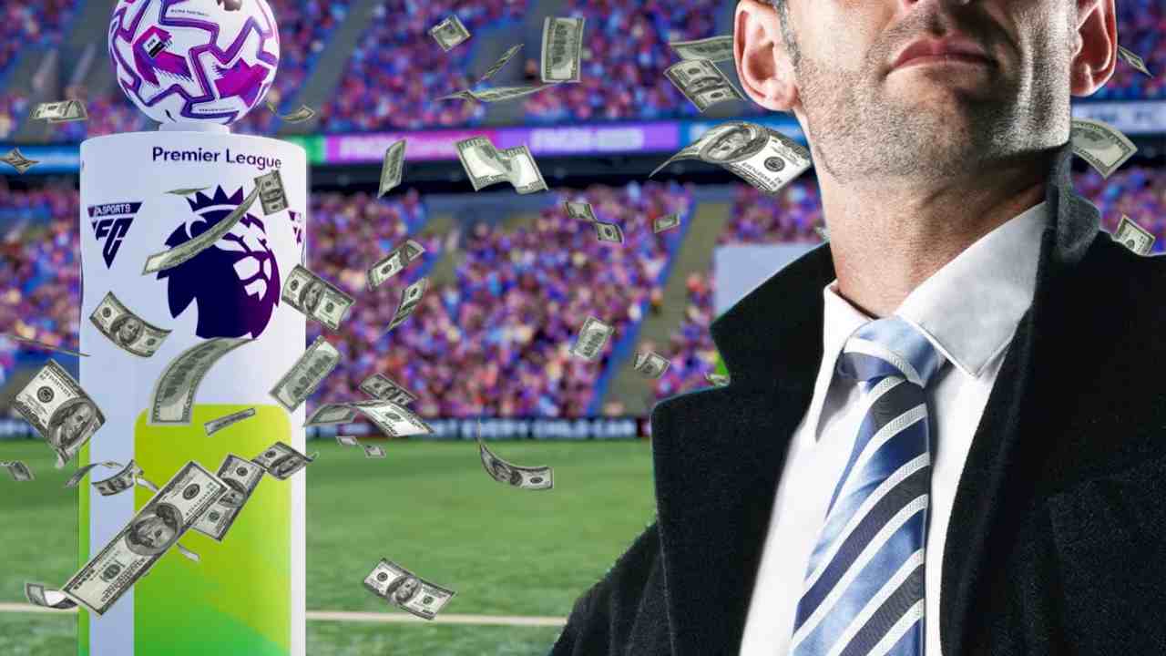 Football Manager 26 gameplay behind falling money and a football manager in a suit