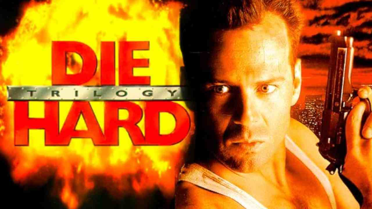 Die Hard Trilogy logo behind Bruce Willis' John McClane