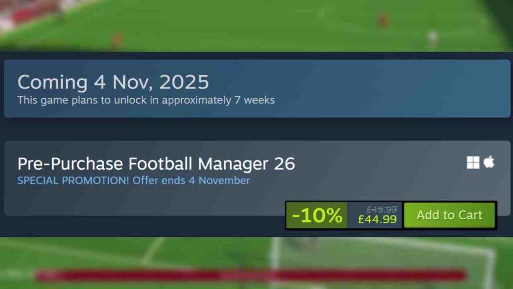 Steam Introductory Offer - Football Manager 26 deal on PC showing 10% off