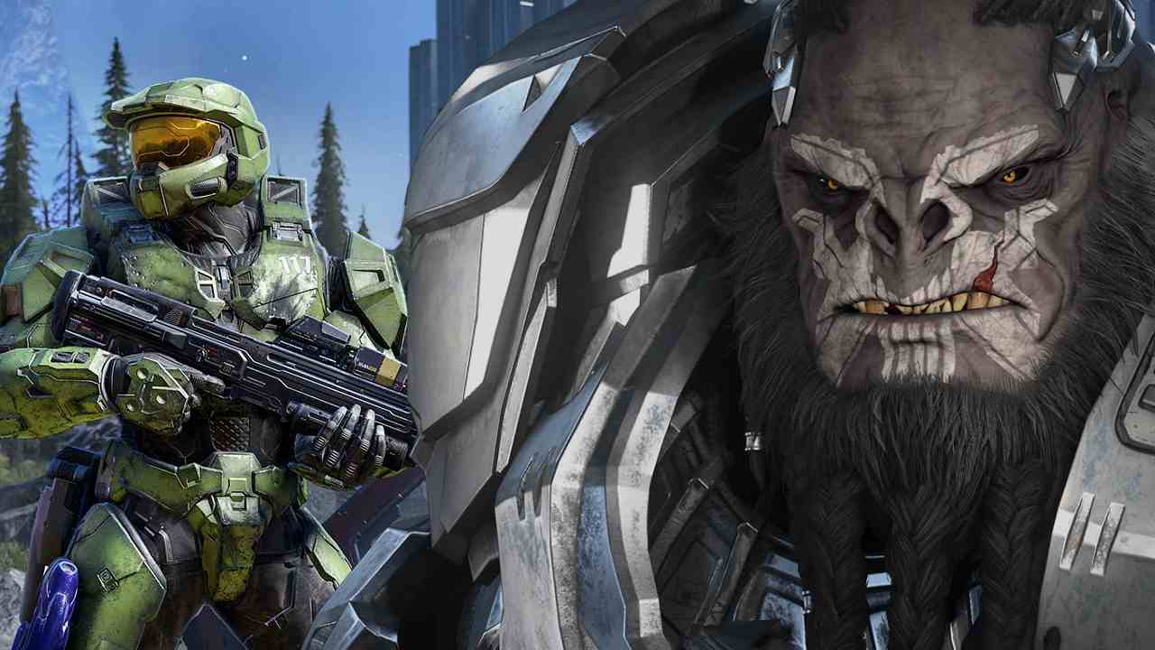 Halo Wars 2 Atriox standing in front of Halo Infinite Master Chief