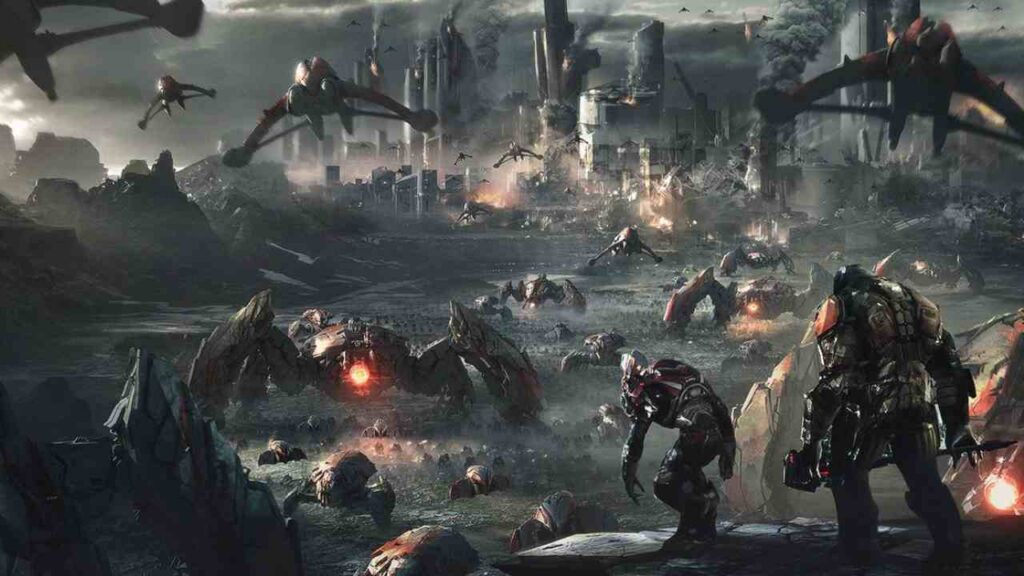 Halo Wars 2 concept art showing a massive battalion of Banished forces invading a city