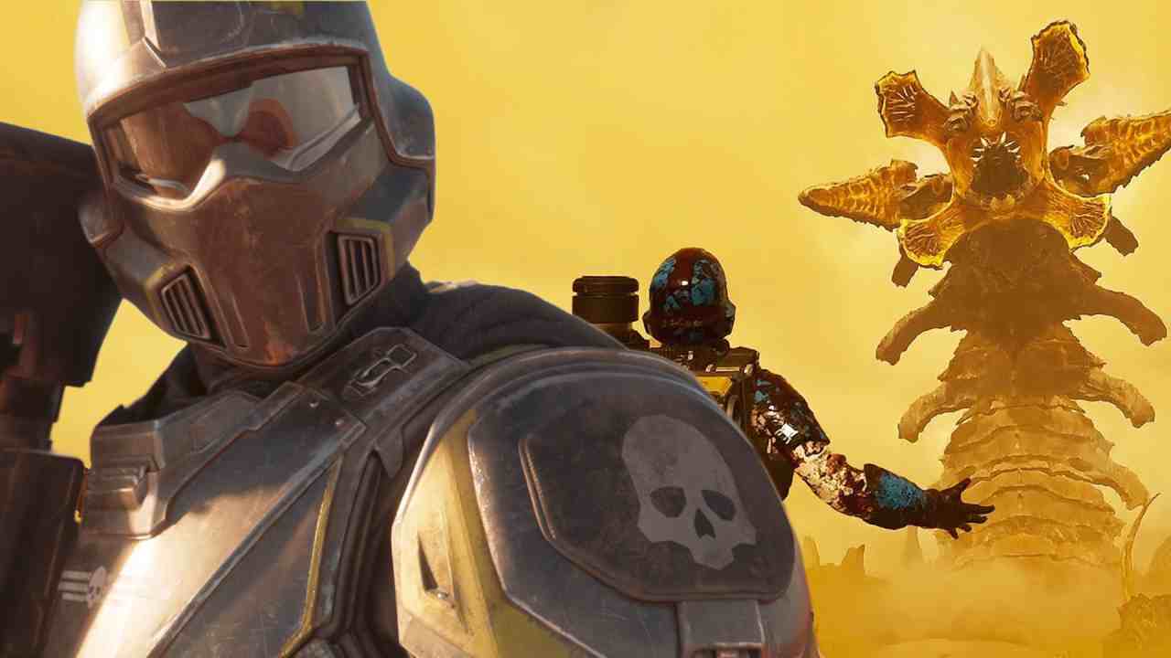 Helldivers 2 soldier standing confused in front of a hive lord