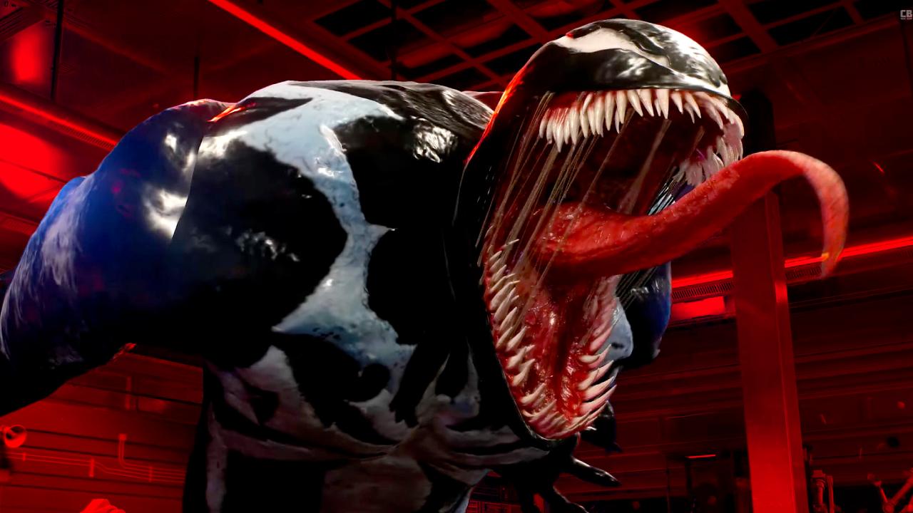 Insomniac Games Venom screaming with his big tongue lashing everywhere
