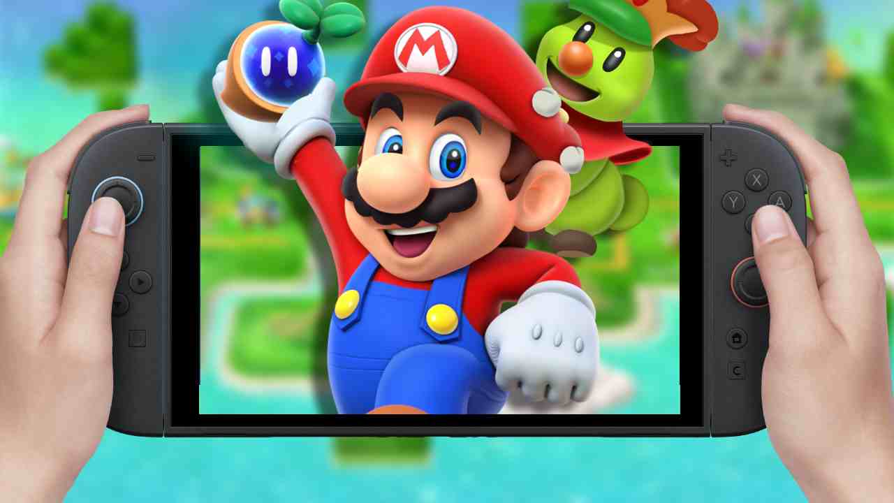 Super Mario jumping out of a Nintendo Switch 2