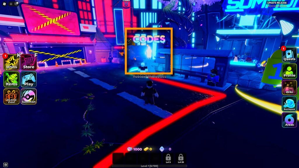 Image of the player approaching the Codes area in Anime Crusaders on Roblox, with an orange box outlining the Codes symbol and the star on pedestal symbol.