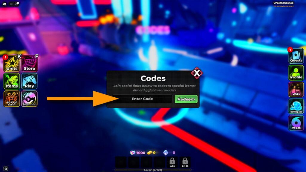 Image of the code redemption window in Anime Crusaders on Roblox, with an orange arrow pointing at the code input text box.