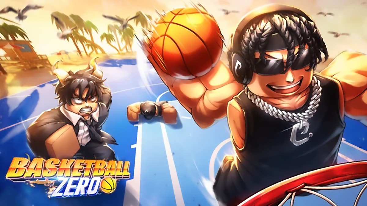 Cover image for Basketball Zero on Roblox, showing a player dunking the ball into the hoop, using the best styles and zones.