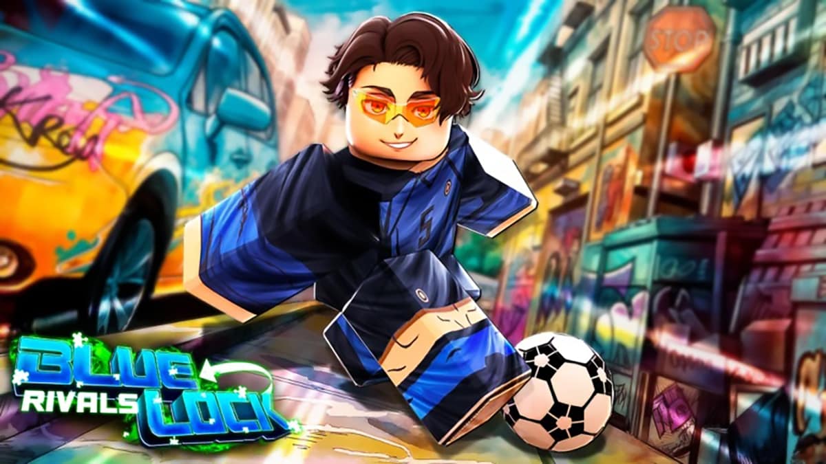 Cover image for the Roblox game Blue Lock Rivals, showing a football player in a city background, dribbling a ball.