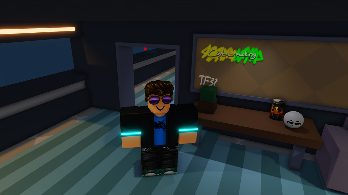Image of the player standing in a cyberpunk room in Cyberpunking on Roblox.