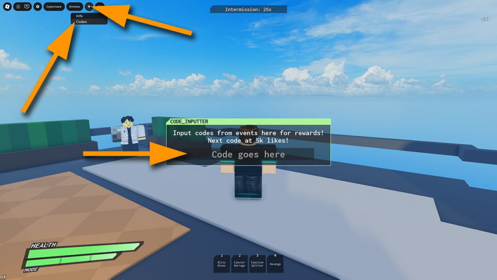 Image of the code redemption window in Cyberpunking on Roblox, with orange arrows pointing at the Plus icon, the Codes tab, and the code input text box.