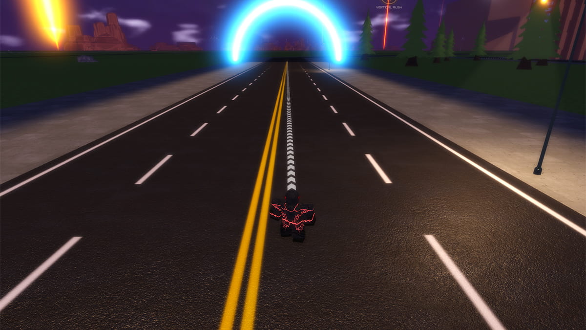 Image of the player preparing to race down a road towards a glowing blue arch in Flashpoint on Roblox.