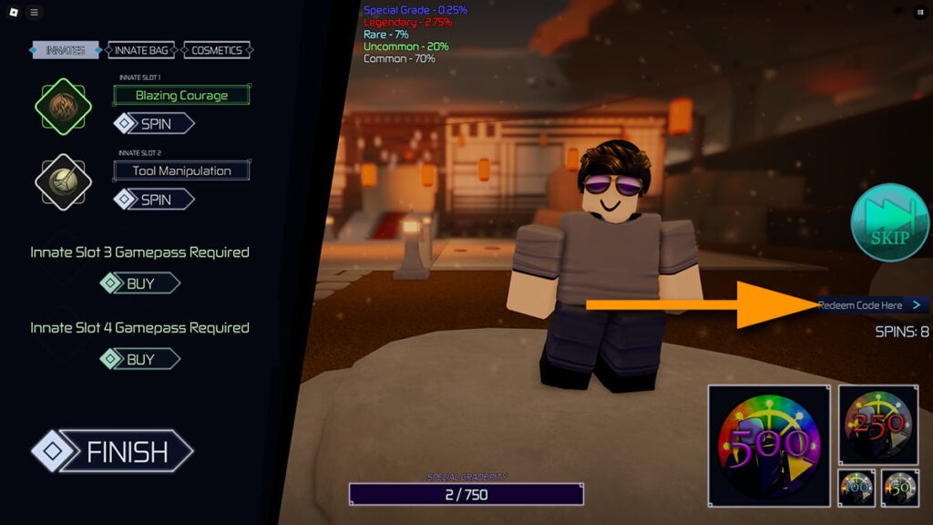 Image of the Customization screen in Jujutsu Infinite on Roblox, with an orange arrow pointing at the code redemption text box.