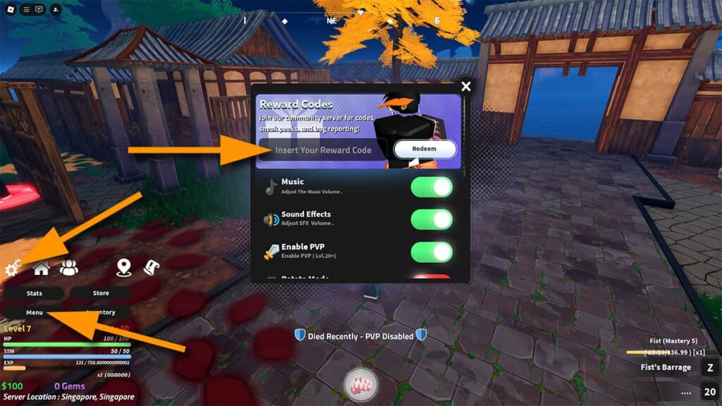 Image of the Settings window in Jujutsu Seas on Roblox, with orange arrows pointing at the Menu button, the Cog icon, and the code input text box.