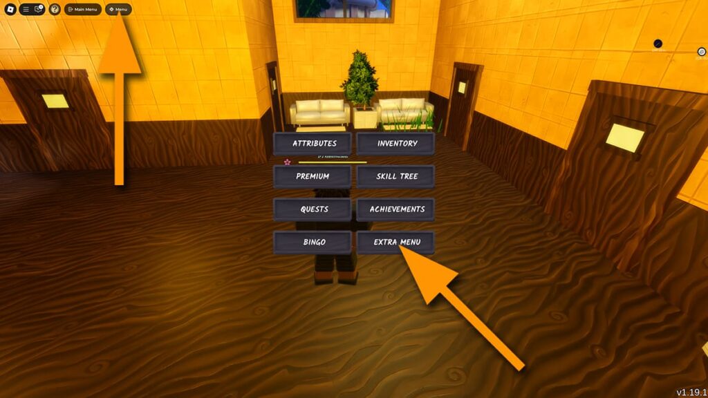 Image of the Menu screen in Ninja Time on Roblox, with orange arrows pointing at the Menu button and the Extra Menu button.