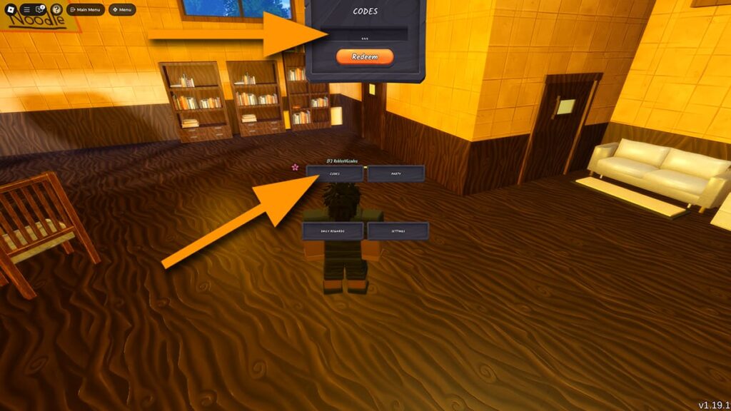Image of the Extra Menu and the Codes window in Ninja Time on Roblox, with orange arrows pointing at the Codes button and the code input text box.