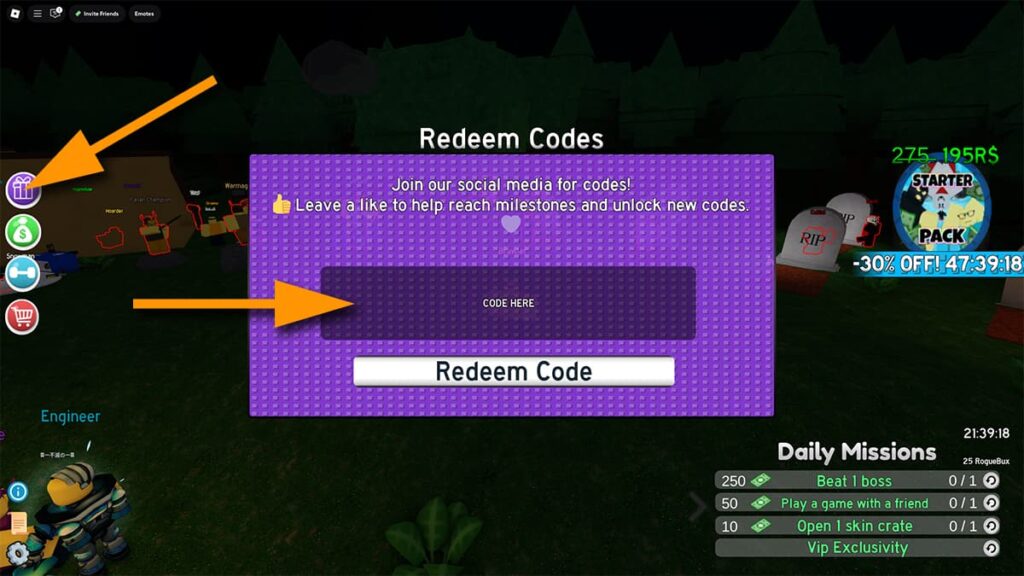 Image of the codes redemption window in RogueRealms on Roblox, with orange arrows pointing at the Gift icon and the code input text box.