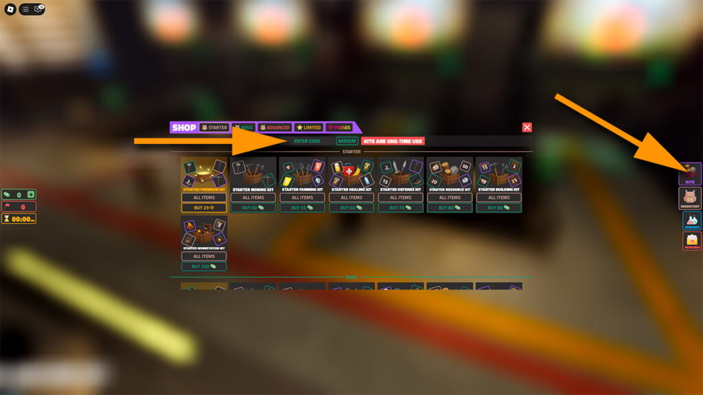 Image of the Kits window in The Apocalypse on Roblox, with orange arrows pointing at the Kits icon, and the code input text box.