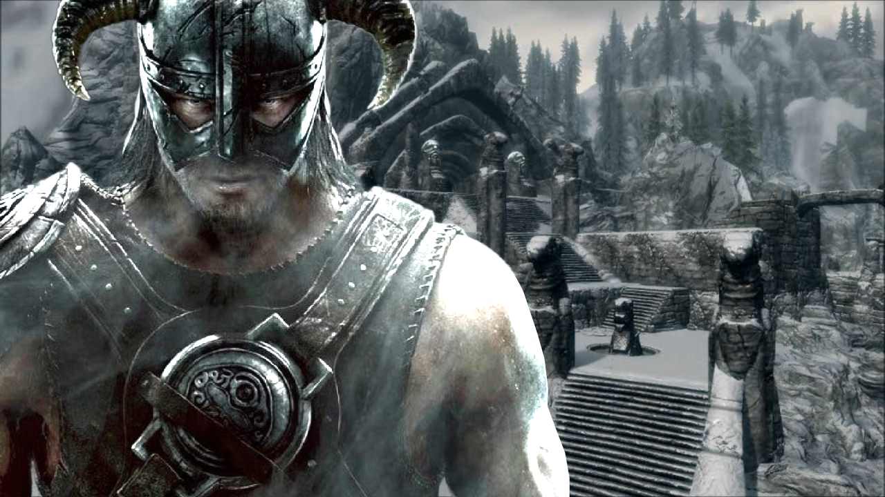 The Elder Scrolls V: Skyrim dragonborn standing in a town