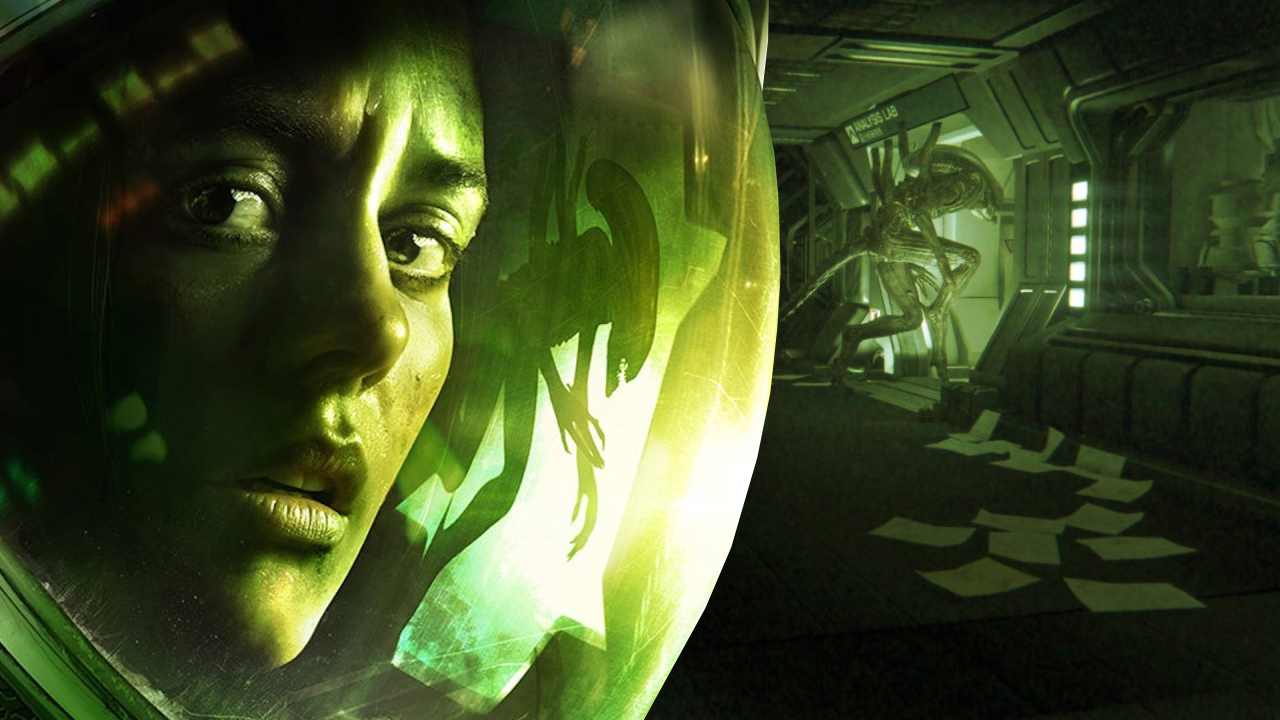 Amanda Ripley from Alien Isolation standing in front of a xenomorph sneaking around