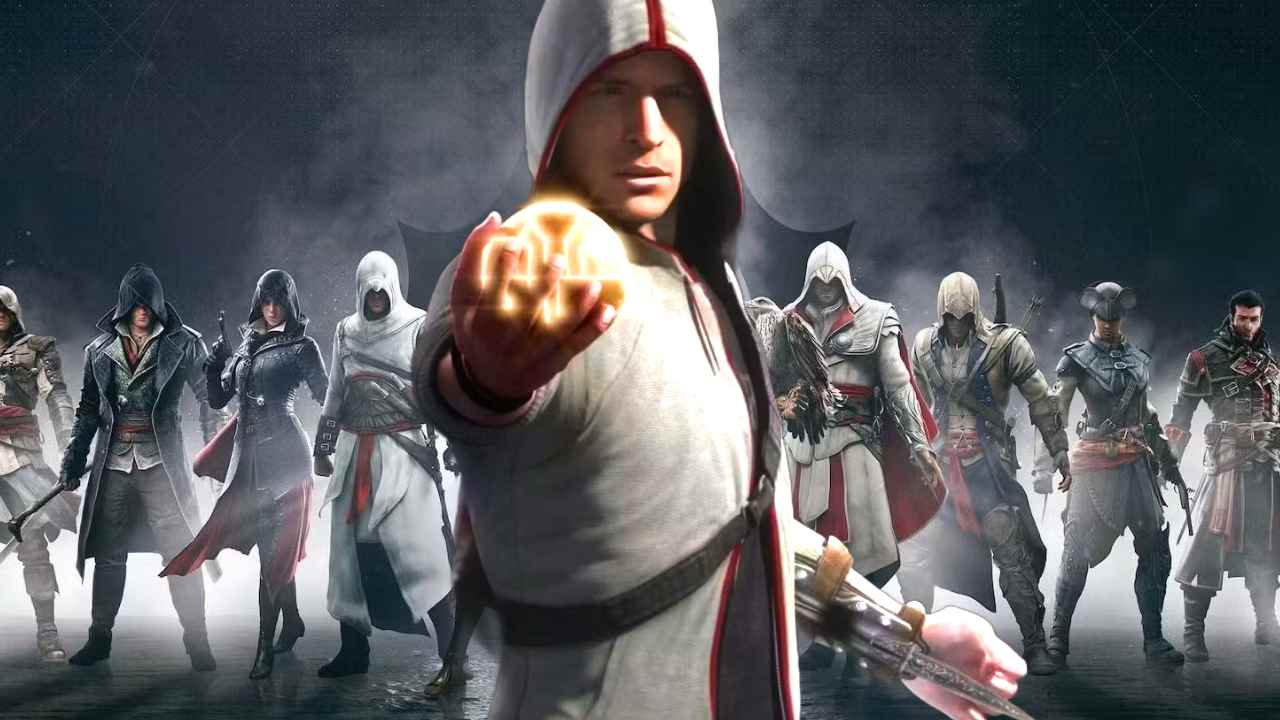 Assassin;s Creed character Desmond Miles standing alongside his predecessors