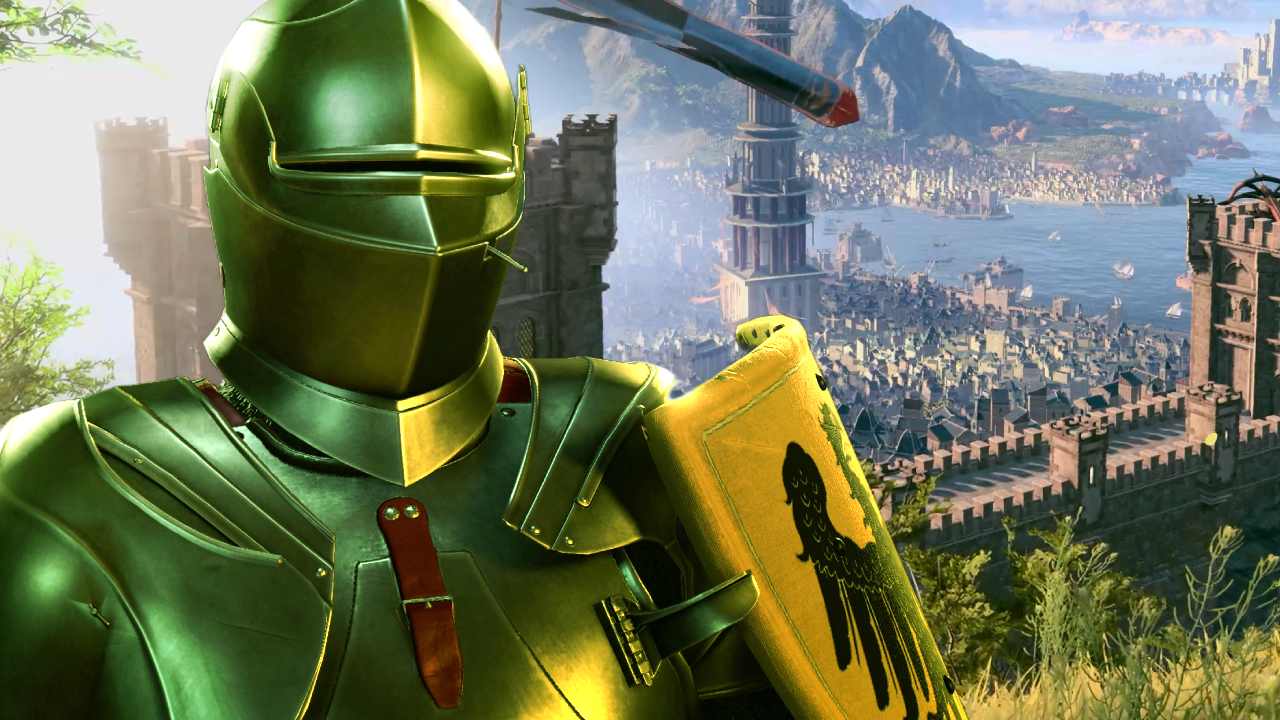 Baldur's Gate 3 Chivalry expansion knight standing in front of the city