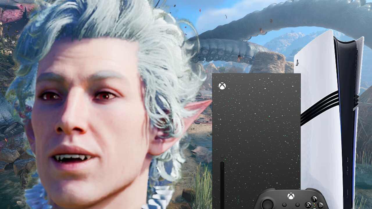 Baldur's Gate 3 Astarion in front of an Xbox Series X and a PS5