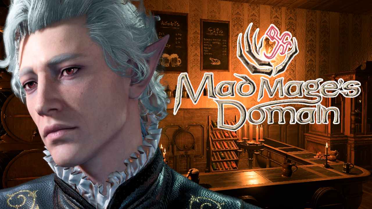 Baldur's Gate 3 Astarion standing next to Mad Mage's domain logo in the yawning portal inn