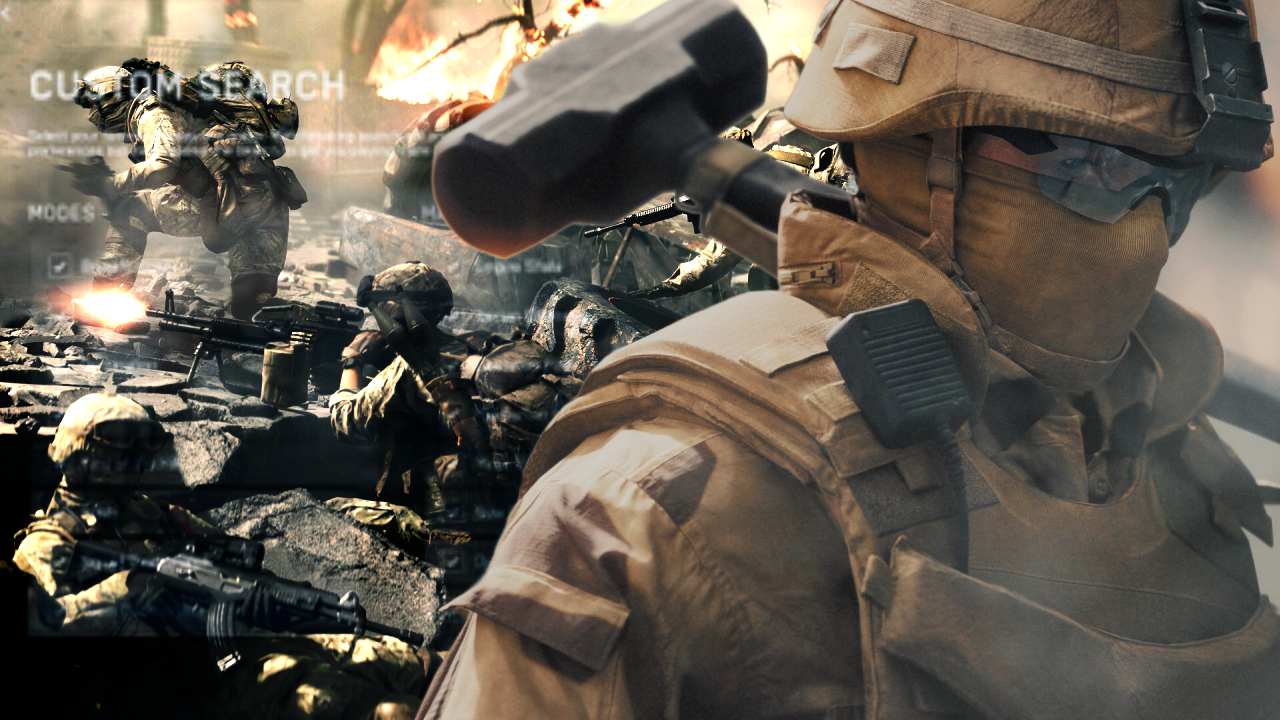 Battlefield 6 soldier standing in front of custom search surrounded by destruction